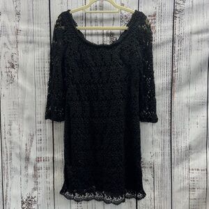 White House Black Market Black Floral Lace 3/4 Sleeve Shift Dress